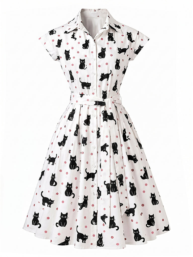 [Pre-Sale] 1950s Cat Polka Dot Belted Shirt Dress