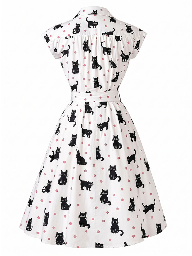 [Pre-Sale] 1950s Cat Polka Dot Belted Shirt Dress