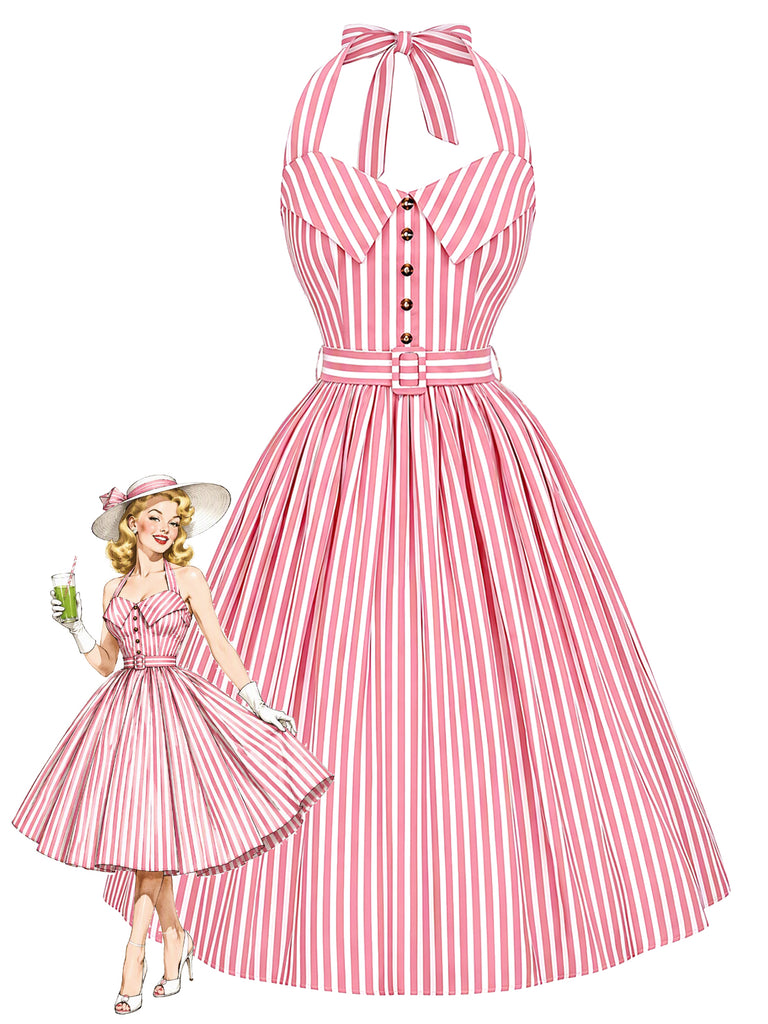 [Pre-Sale] Peach Pink 1950s Floral Halter Striped Dress