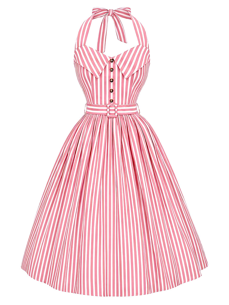 [Pre-Sale] Peach Pink 1950s Floral Halter Striped Dress 2