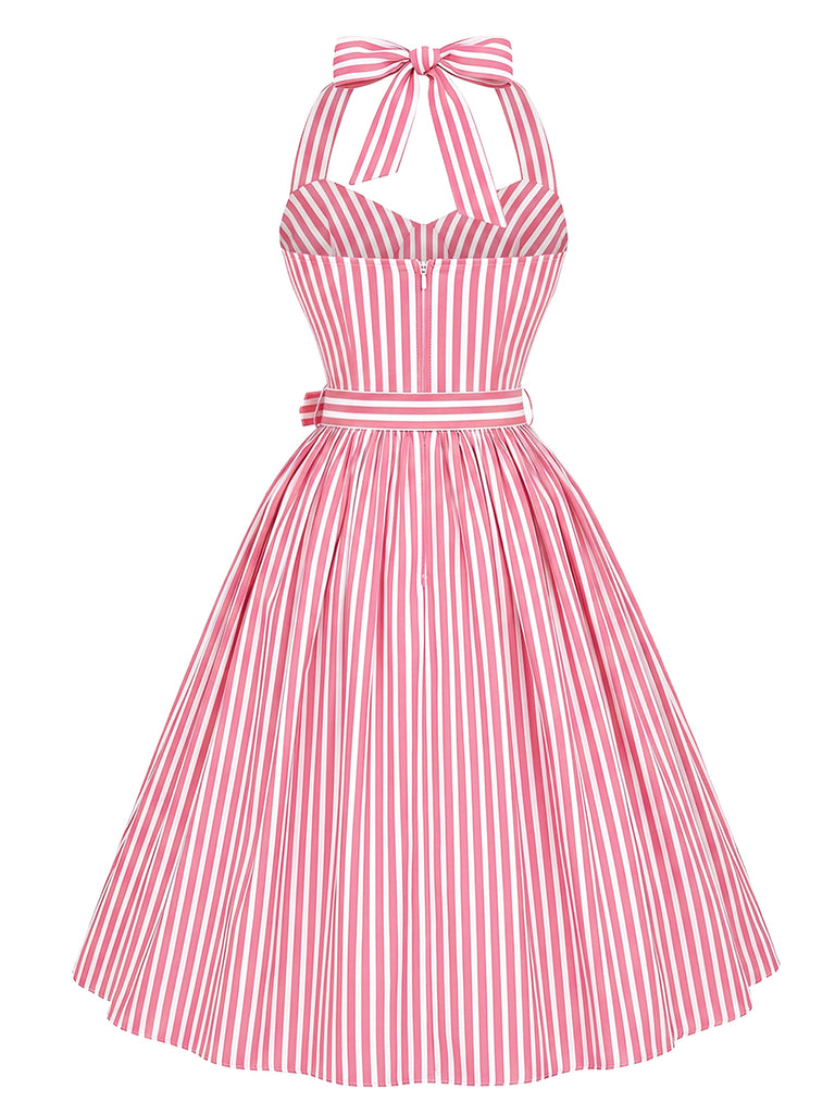 [Pre-Sale] Peach Pink 1950s Floral Halter Striped Dress 3