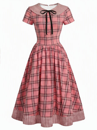 [Pre-Sale] 1940s Plaid Peter Pan Collar Button Bow Dress