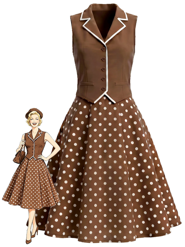 [Pre-Sale] Brown 1950s  Polka Dot V-Neck Fake Two Piece Dress