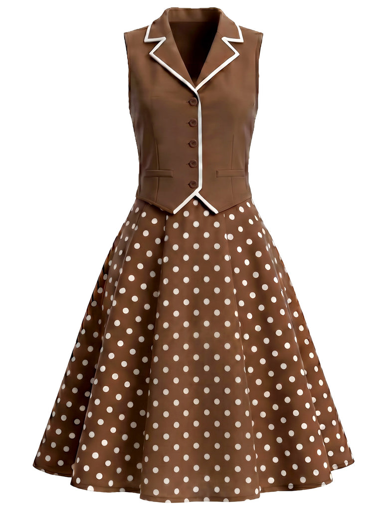 [Pre-Sale] Brown 1950s  Polka Dot V-Neck Fake Two Piece Dress