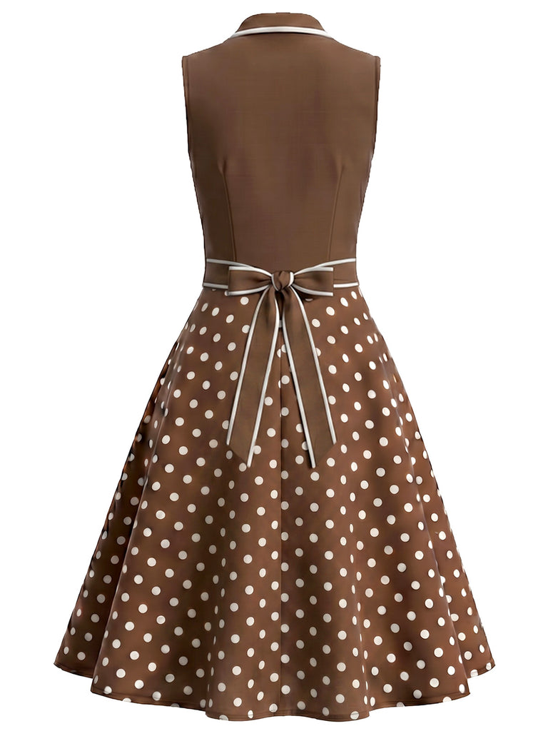 [Pre-Sale] Brown 1950s  Polka Dot V-Neck Fake Two Piece Dress