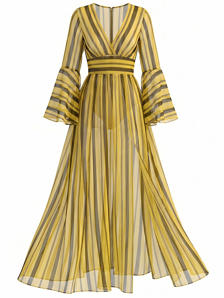 [Pre-Sale] Plus Size Yb 1980s V Neck Striped Patchwork Dress
