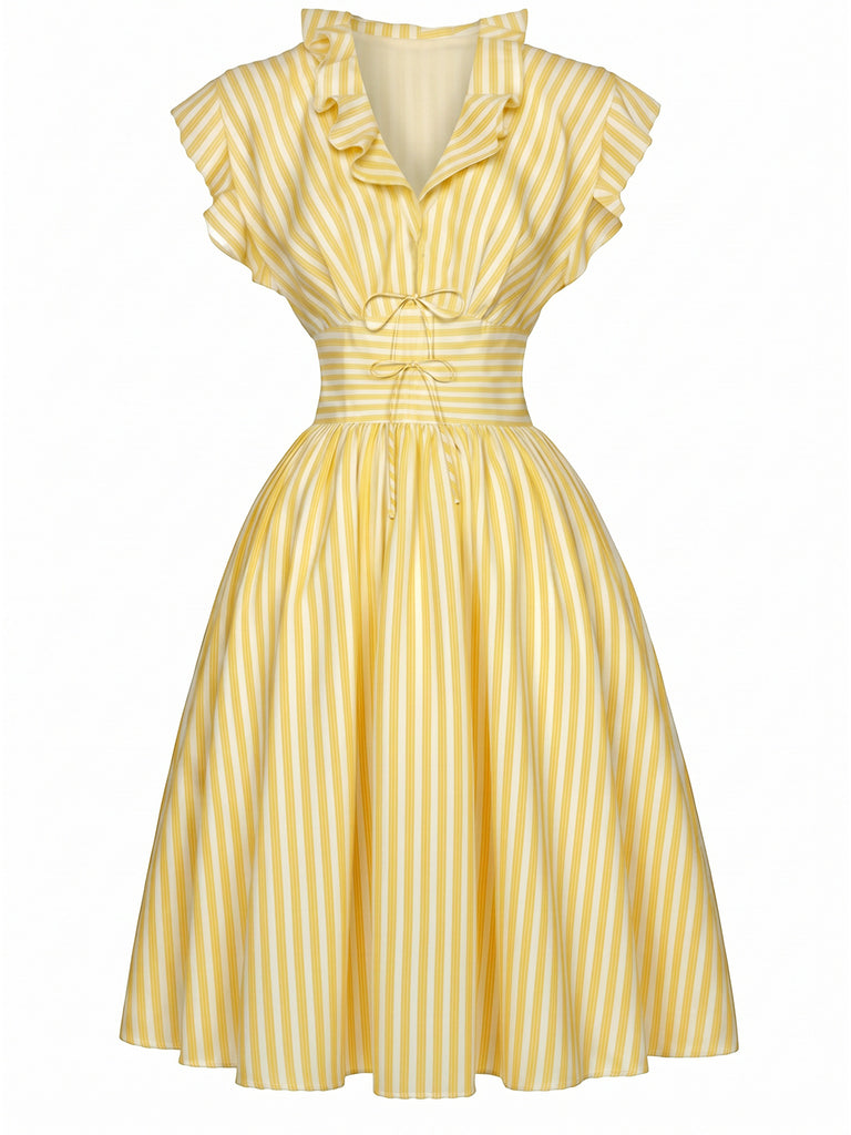 [Pre-Sale] Light Yellow 1950s Stripe Ruffle Collar Tie Waist Dress