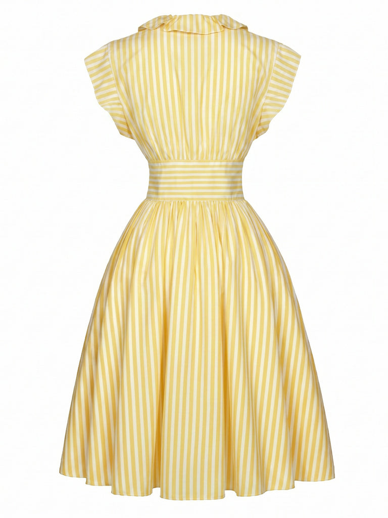 [Pre-Sale] Light Yellow 1950s V Neck Ruffle Striped Dress 3