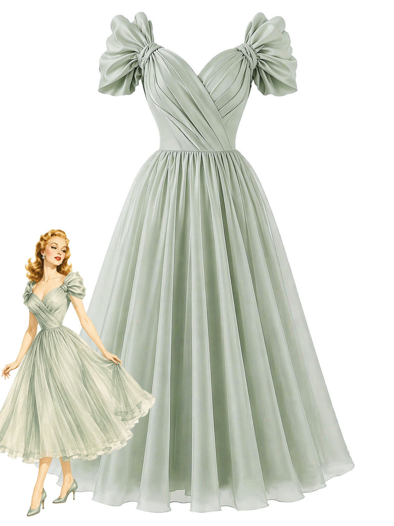 [Pre-Sale] Sage Green 1950s Sweetheart Neck Bow Sleeve Chiffon Dress