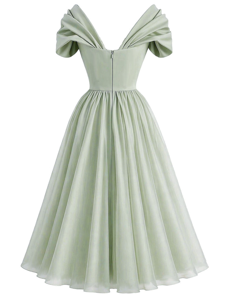 [Pre-Sale] Sage Green 1950s Sweetheart Neck Bow Sleeve Chiffon Dress