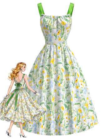 [Pre-Sale] Chartreuse 1950s Floral Contrast Green Ribbon Back Bow Dress