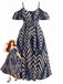[Plus Size] Navy 1950s Chevron Striped Tie Waist Cold Shoulder Midi Dress