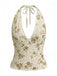 Beige 1960s Halter V Neck Sequin Top