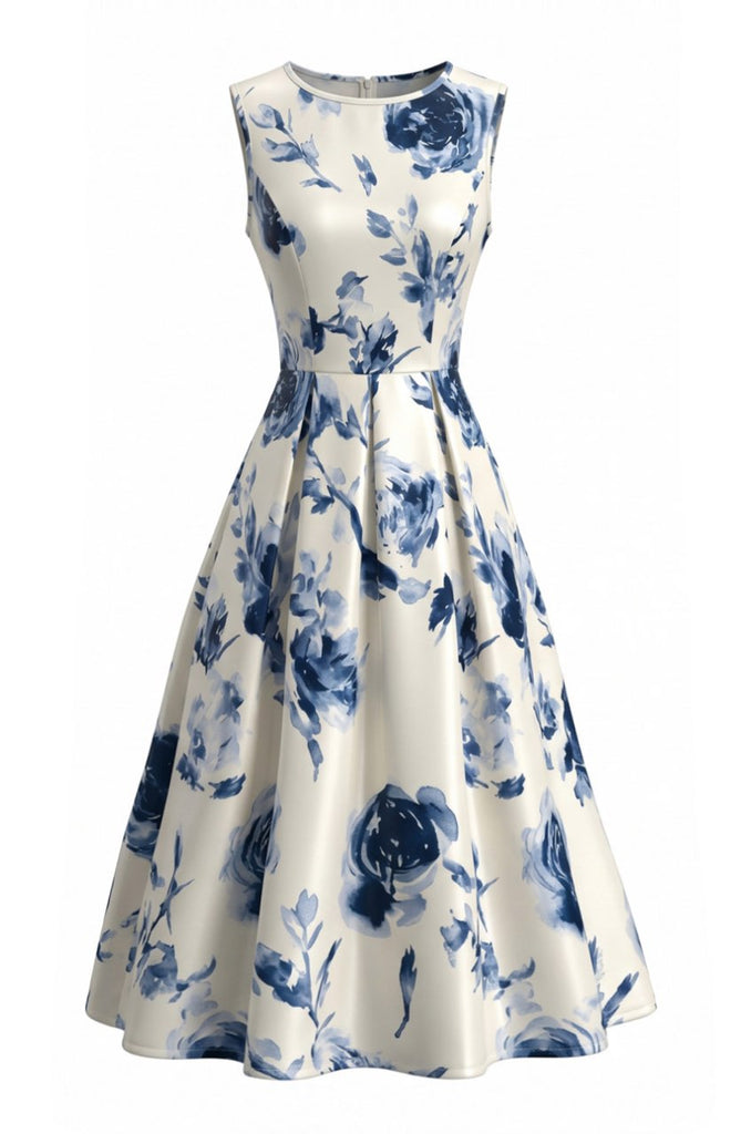 Beige 1950s Floral Vintage Classic Dress