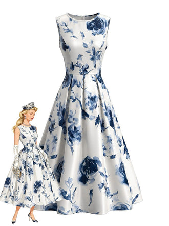 1950s Round Neck Roses Sleeveless Midi Dress