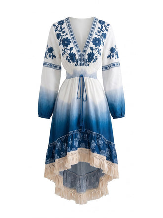 Blue White 1970s Floral V Neck Dress