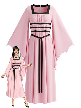 Pink 1980s Gothic Square Neck Batwing Sleeve Tie Dress