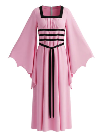 Pink 1980s Gothic Square Neck Batwing Sleeve Tie Dress