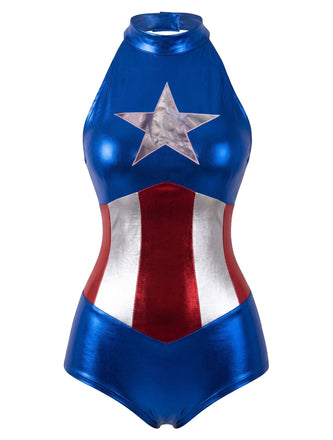 Blue 1980s Star Metallic Superhero Costume Bodysuit