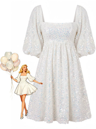 1960s Sequin Square Neck Puff Sleeve Tie Backless Dress