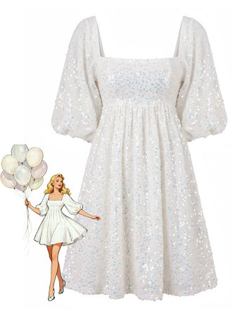 1960s Sequin Square Neck Puff Sleeve Tie Backless Dress