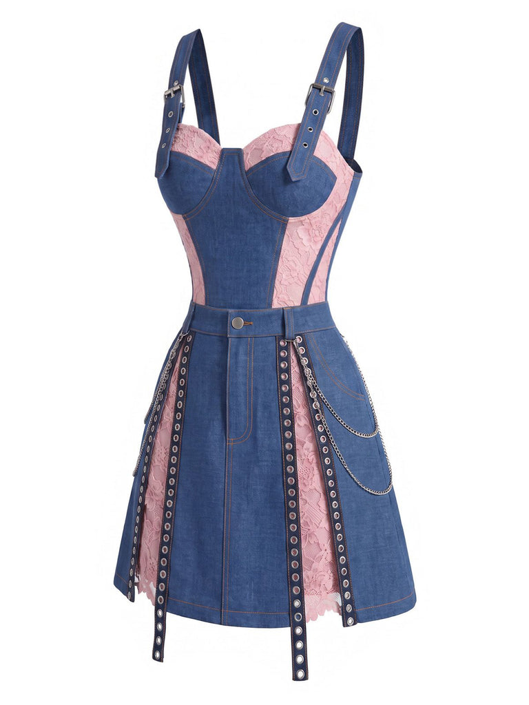 [Pre-Sale] Blue 1950s Denim Lace Corset Top & Chain Mini Skirt