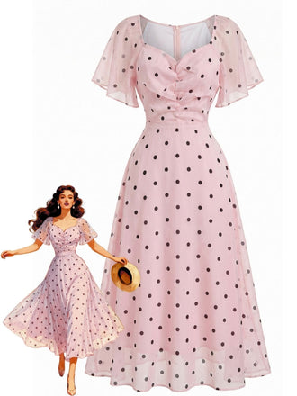 Orange Pink 1940s Polka Dot V Neck Ruffle Dress