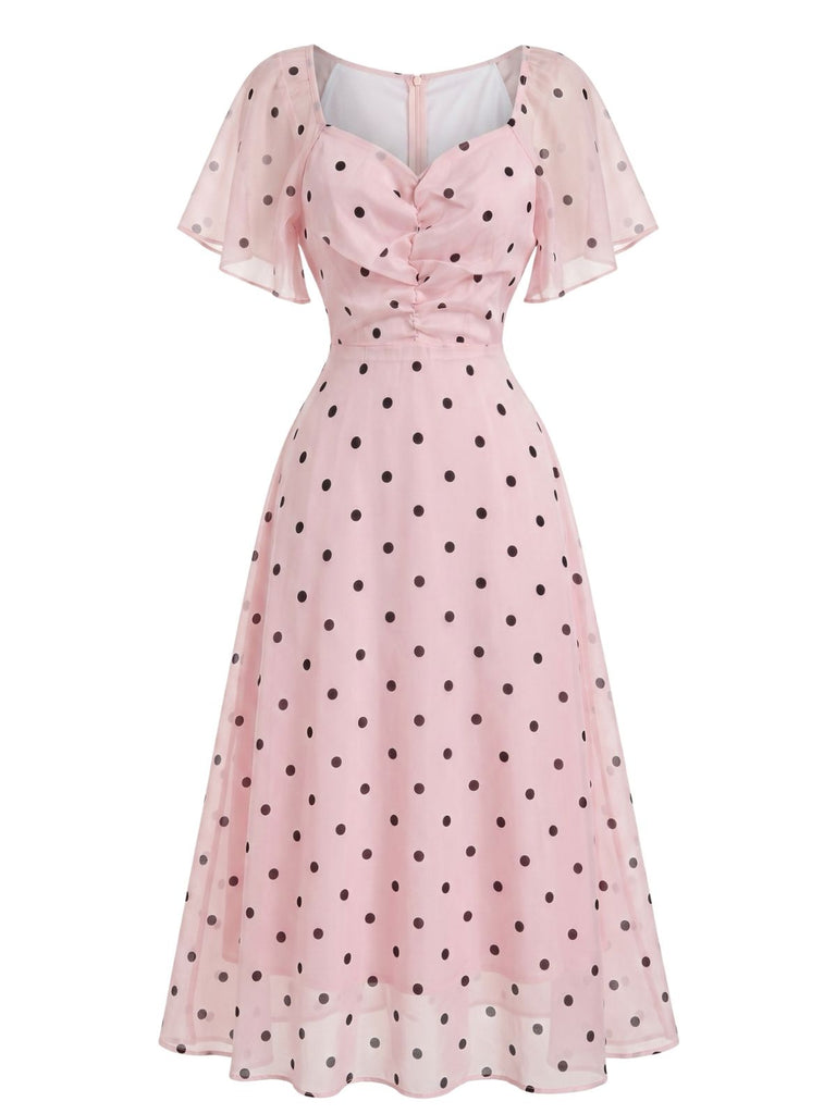 Orange Pink 1940s Polka Dot V Neck Ruffle Dress 2