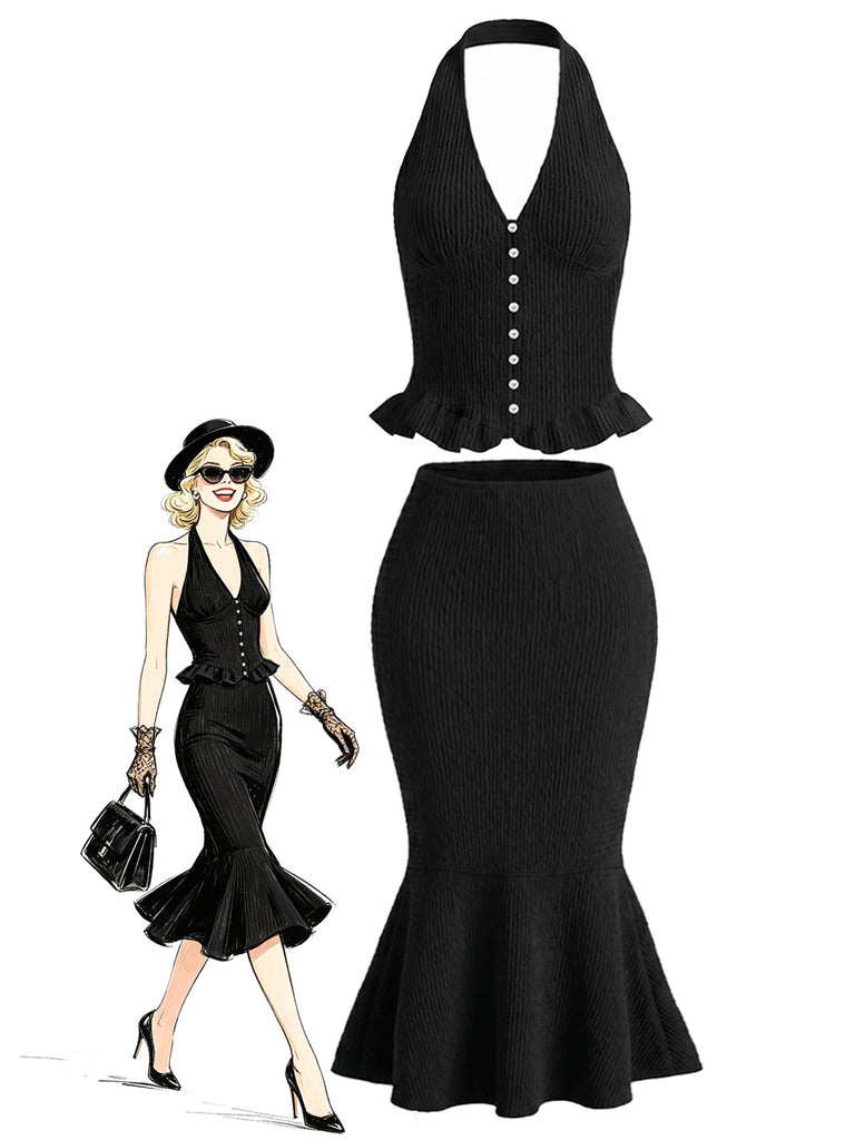 [Pre-Sale] Black 1980s V Neck Two Piece Set 5