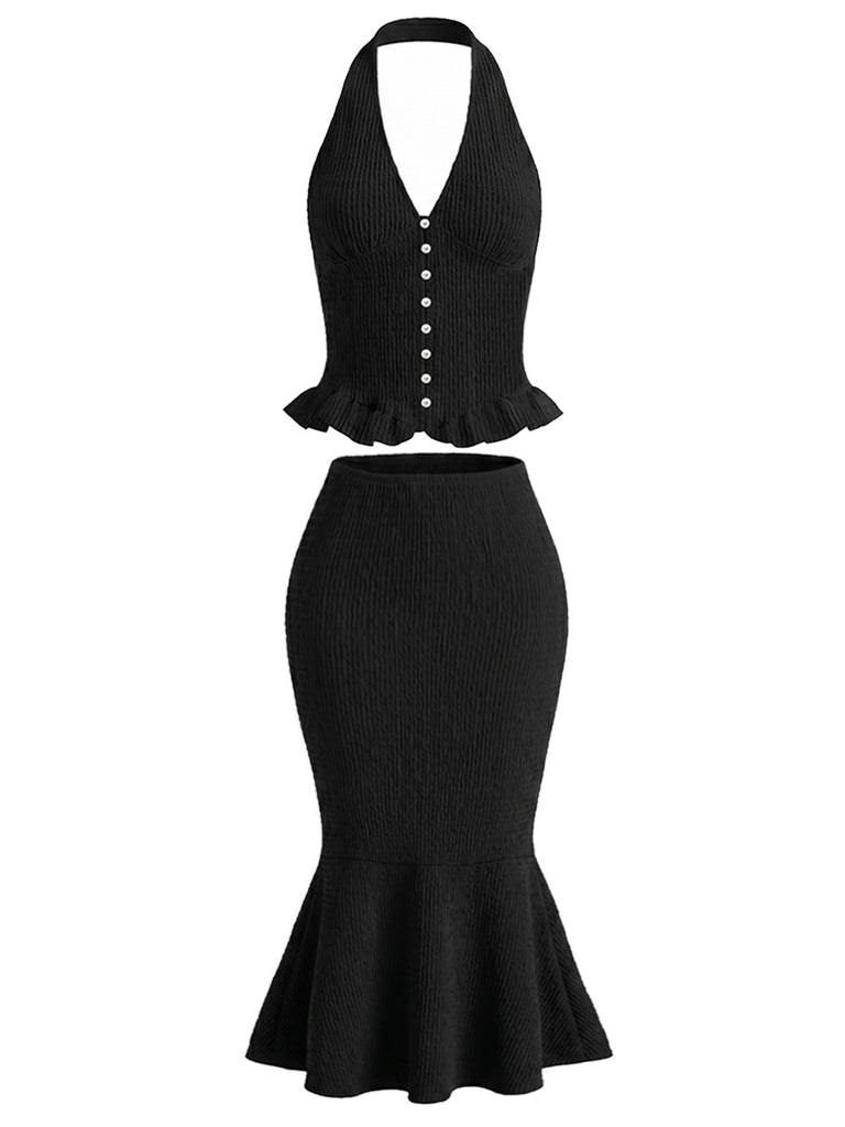 [Pre-Sale] Black 1980s V Neck Two Piece Set 6