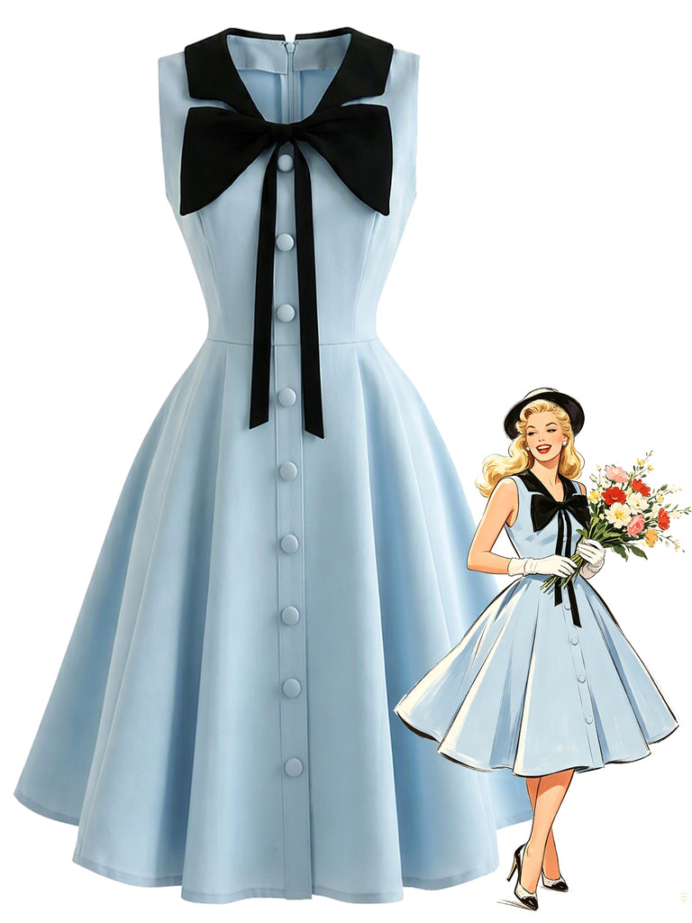 Blue 1950s Sleeveless Bow Tie Collar Dress with Pockets