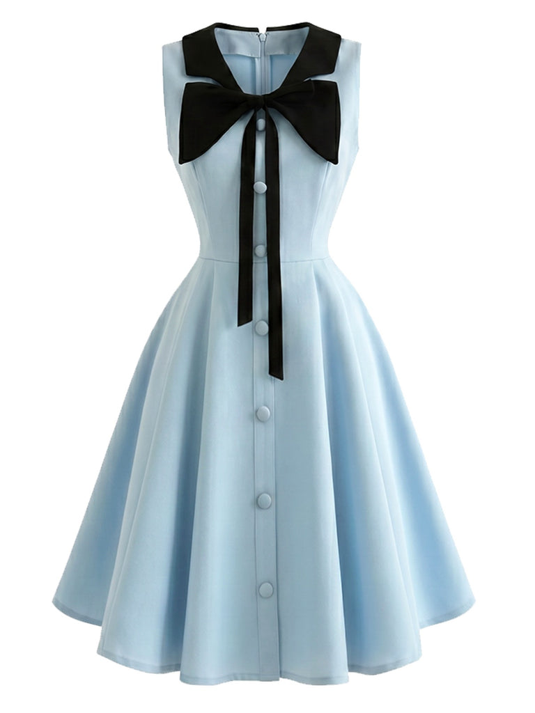 [Pre-Sale] Blue 1950s Sleeveless Bow Tie Collar Dress with Pockets