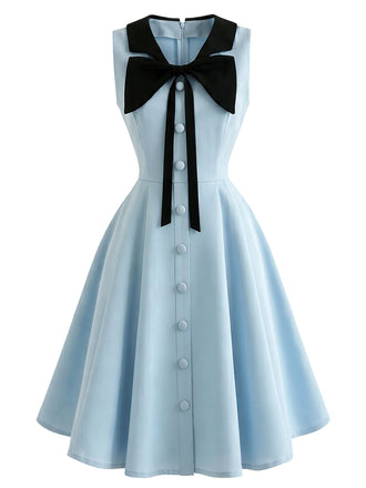 Blue 1950s Sleeveless Bow Tie Collar Dress with Pockets