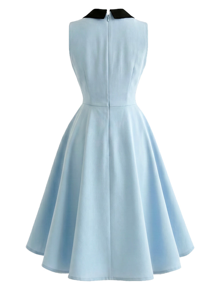 Blue 1950s Sleeveless Bow Tie Collar Dress with Pockets