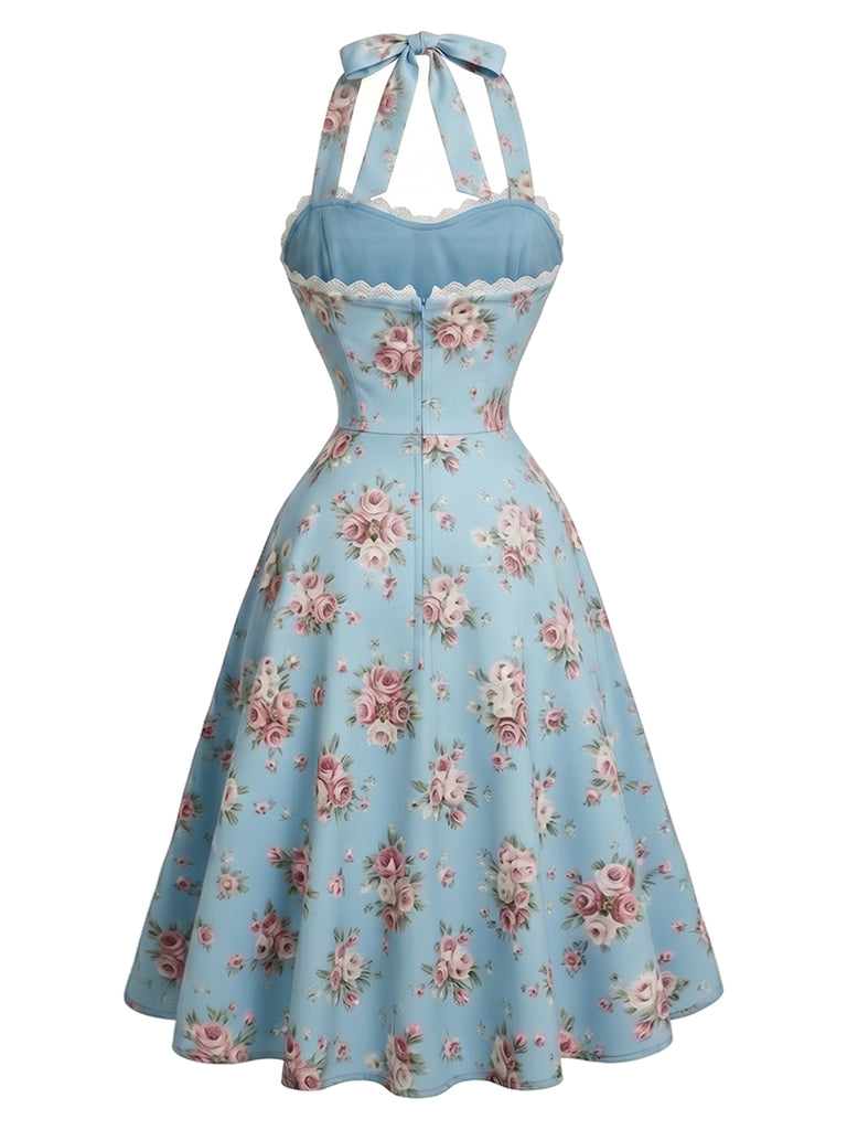 [Pre-Sale] Light Blue 1950s Floral Halter Lace Bow Dress