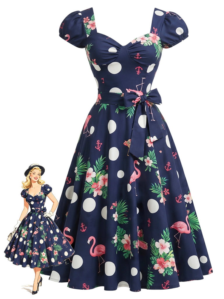 [Pre-Sale] Deep Blue 1950s Floral Bow Dress