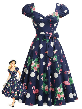 [Pre-Sale] Deep Blue 1950s Floral Bow Dress