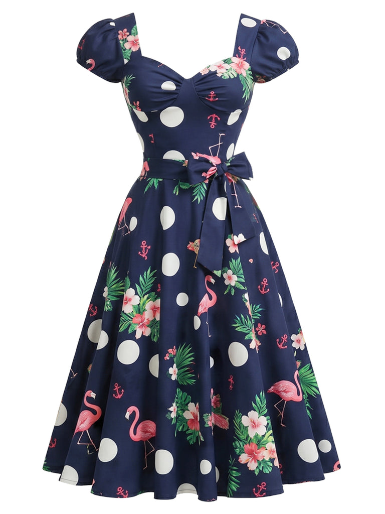 [Pre-Sale] Deep Blue 1950s Floral Bow Dress 2