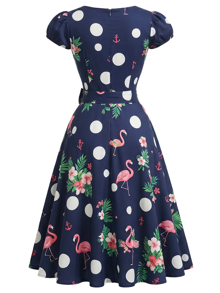 [Pre-Sale] Deep Blue 1950s Floral Bow Dress 3