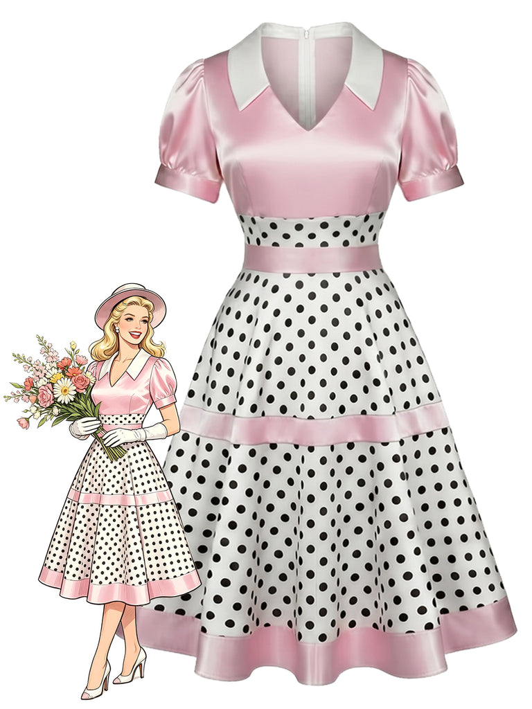 [Pre-Sale] Pink 1950s V-Neck Polka Dot Bow Satin Dress