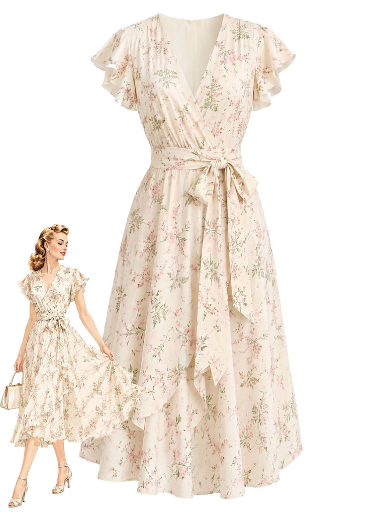 [Pre-Sale] Cream Color 1950s Floral V Neck Ruffle Dress