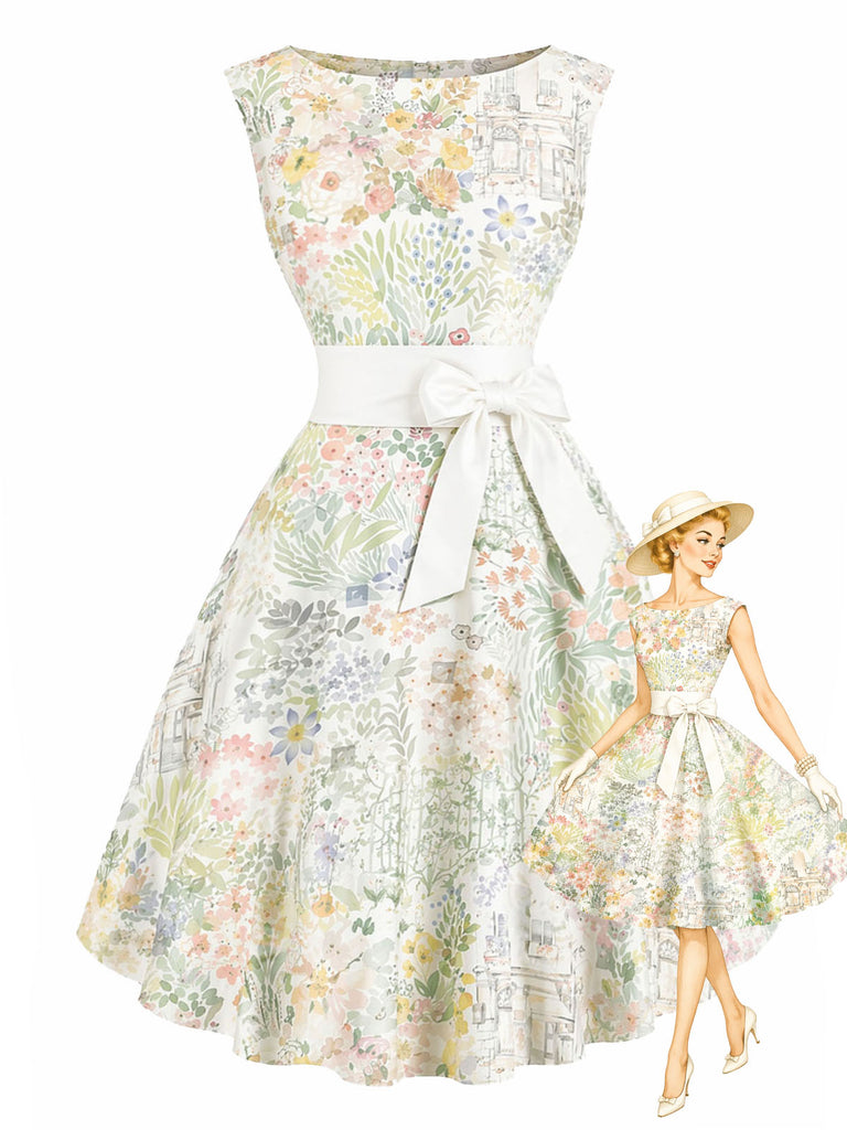 [Pre-Sale] Chartreuse 1950s Floral Bow Vintage Dress