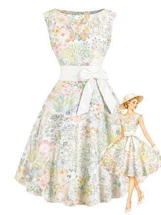 [Pre-Sale] Chartreuse 1950s Floral Bow Vintage Dress