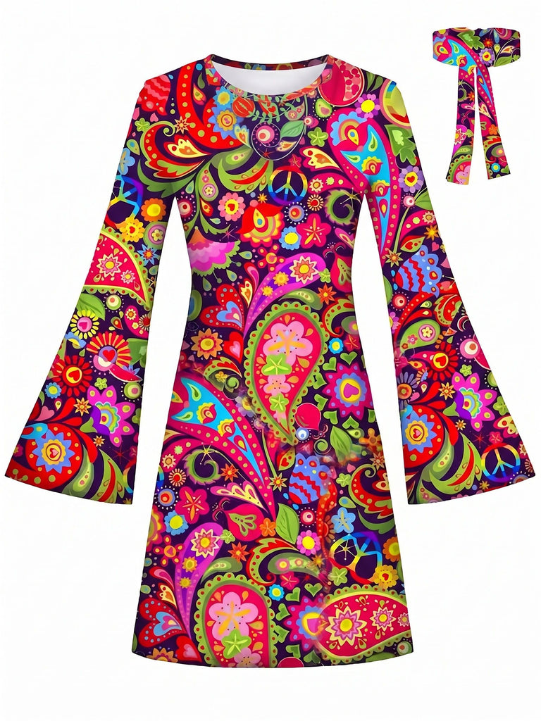 [Pre-Sale] Multicolor 1960s Hippie Psychedelic Paisley Bell Sleeves Mini Dress