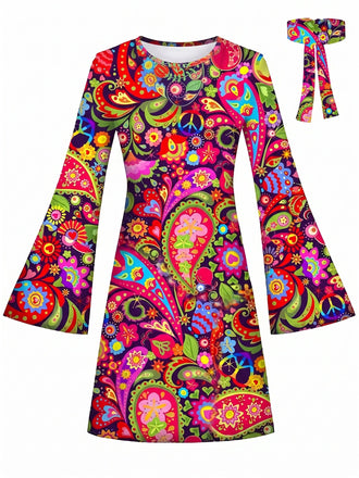 [Pre-Sale] Multicolor 1960s Hippie Psychedelic Paisley Bell Sleeves Mini Dress
