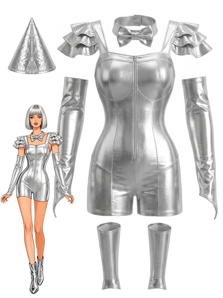 Silver 1980s Halloween Metallic Futuristic Shiny Romper Set