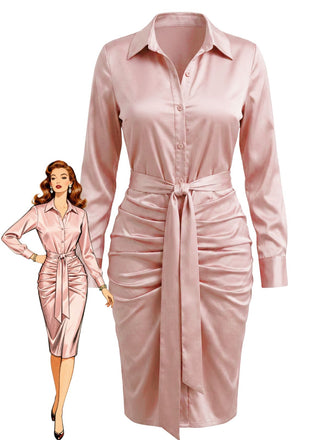 1960s Satin Ruched Tie Waist Shirt Dress
