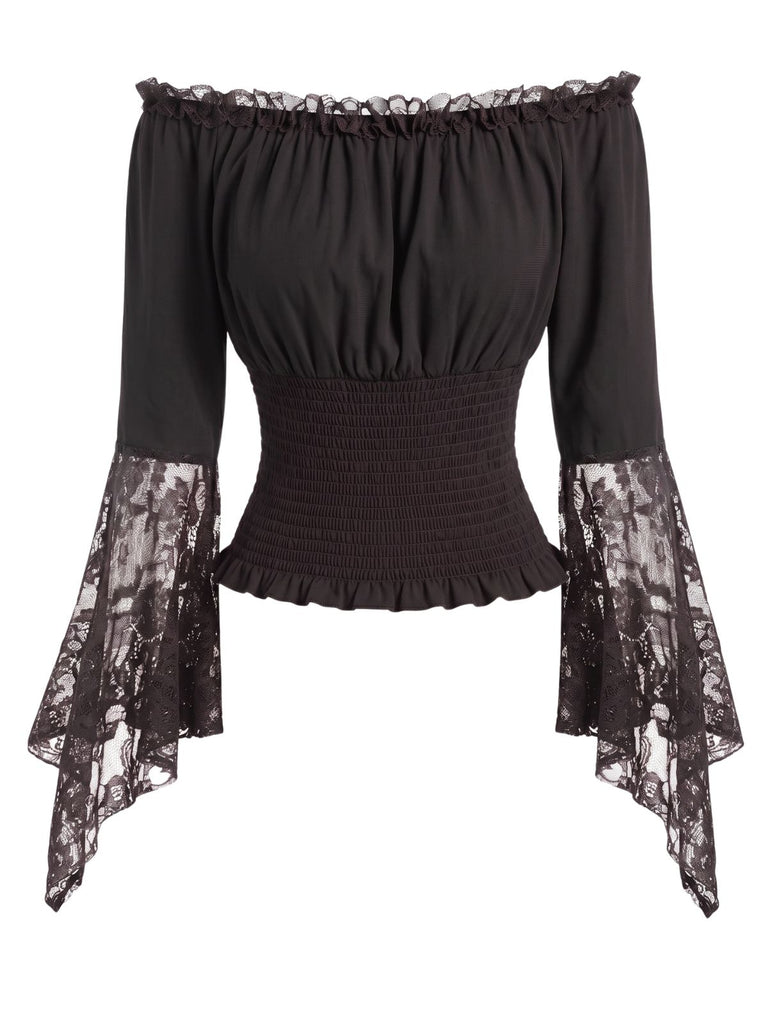 Black 1950s Lace Ruffle Blouse