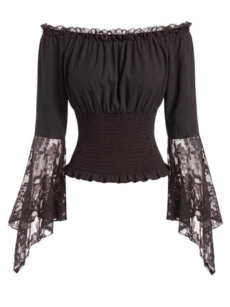 Black 1950s Lace Ruffle Blouse