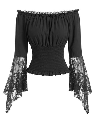 1950s Off Shoulder Flare Lace Sleeves Smocked Top